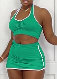 Solid Color Sleeveless Halter Neck Pleated Vest Sports Skirt Two-Piece Set