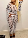 Sexy See-Through Round Neck Moon Print Slim Fit Long Sleeve Top and Pants Set