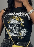 Black Summer Loose Fun Print Sleeveless Vest