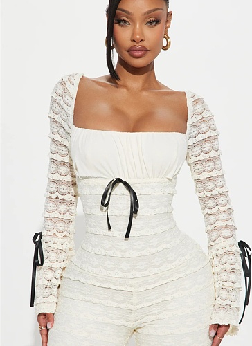 Women's Bowknot Tube Top Wave Pattern Slimming Trumpet Sleeve Hip-hugging Sexy Jumpsuit