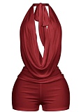Red Sexy Lace-Up Halter Neck Net Yarn Solid Color Tight Jumpsuit Shorts For Women