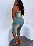 Fashion Raw Edge Wrap Top High Waist Denim Shorts Two Piece Set