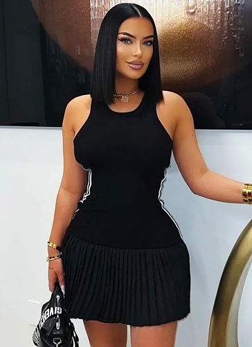 Black Spring New Fashion Casual Style Solid Color Pleated Dress
