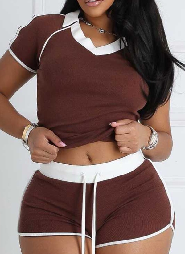 Casual Sports High Elastic Yoga Fabric Striped V-Neck Two-Piece Suit For Women