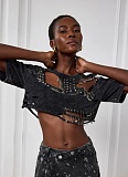 Fashion Round Neck Ripped Pin Design Short T-shirt