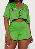 Women's Sports V-Neck Open Button Short Top Elastic Waist Shorts Set