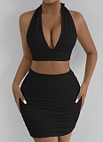 V-Neck Halter Neck Navel-Baring Vest Sexy Pleated Hip Skirt Two-Piece Set