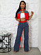 Denim patchwork color stand-up collar zipper top wide-leg pants two-piece set YUEM-3074