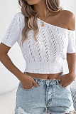 Spring And Summer Casual Off-Shoulder Hollow Short-Sleeved Holiday Knitted Tops For Women