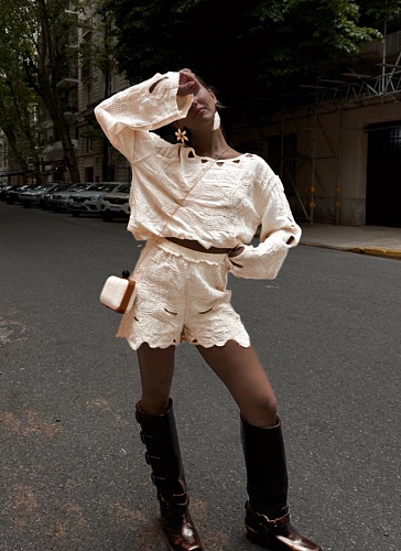 Hook-and-loop French Embroidery Cotton Shorts Suit