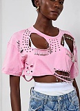 Fashion Round Neck Ripped Pin Design Short T-shirt