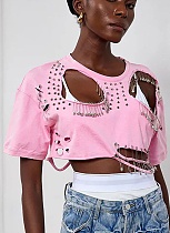 Fashion Round Neck Ripped Pin Design Short T-shirt