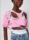 Fashion Round Neck Ripped Pin Design Short T-shirt