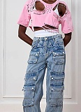 Fashion Round Neck Ripped Pin Design Short T-shirt