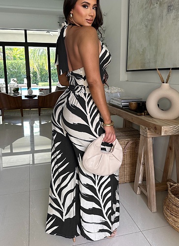 Fashionable Sexy Printed Halter Neck Top With Wide-leg Pants Two-piece Set