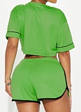 Women's Sports V-Neck Open Button Short Top Elastic Waist Shorts Set