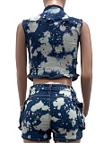 Women'S Multi-Pocket Vest Ink-Splashed Shorts Stretch Denim Two-Piece Suit