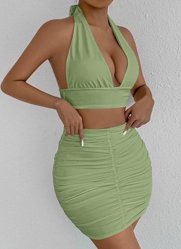 V-Neck Halter Neck Navel-Baring Vest Sexy Pleated Hip Skirt Two-Piece Set