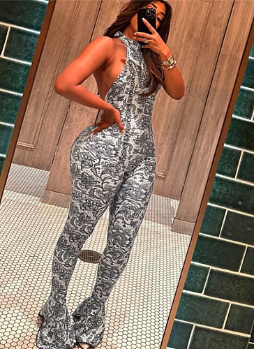 Sexy Backless Halter Neck Printed Slim Fit Hip-hugging Jumpsuit