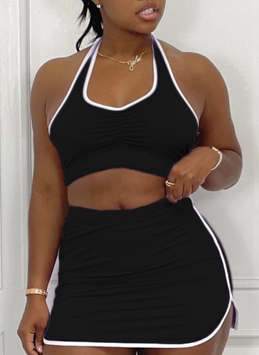 Solid Color Sleeveless Halter Neck Pleated Vest Sports Skirt Two-Piece Set