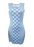 New Checkerboard Halter Neck Slim Short Bag Hip Hot Girl Dress