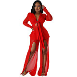 Fashionable Sexy Solid Color Waist Tie Small Suit Long Sleeve Slit Two-piece Suit