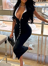 Black Elegant Contrast Slim Fit Button Mid-Length Dress For Women