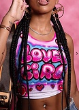 Sleeveless Printed Cropped U-Neck Navel-Exposed Tank Top