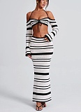 Sexy Striped Long Sleeve Halter Top Skirt Two-Piece Set