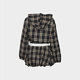 Fashionable Grid Printed Zippered Short Jacket Top Flower Bud Short Skirt Set