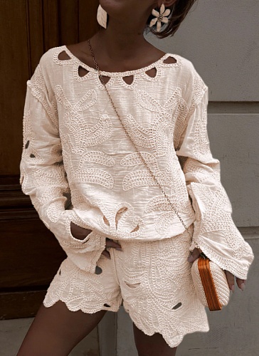 Hook-and-loop French Embroidery Cotton Shorts Suit
