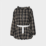 Fashionable Grid Printed Zippered Short Jacket Top Flower Bud Short Skirt Set