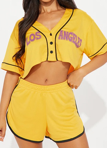 Women's Sports V-Neck Open Button Short Top Elastic Waist Shorts Set