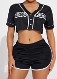 Women's Sports V-Neck Open Button Short Top Elastic Waist Shorts Set