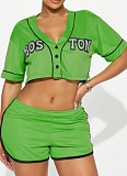 Women's Sports V-Neck Open Button Short Top Elastic Waist Shorts Set