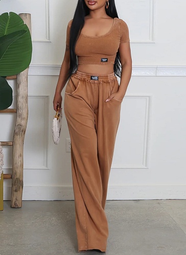 Sexy U-Neck Short Top And Wide-Leg Pants Two-Piece Set