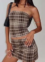 Brown Belly-Baring Vest Plaid Skirt Two-Piece Set