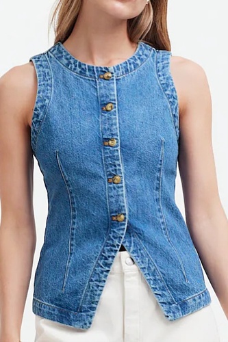 Blue Sleeveless Slim Denim Vest Women's Round Neck Waistcoat