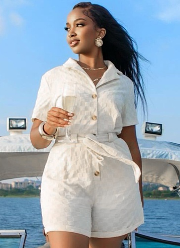 White New Fashion Casual Lapel Tie Temperament Belt European And American Summer Short-Sleeved Jumpsuit Women