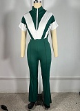 Lapel Zipper Polyester Splicing Flared Jumpsuit For Women