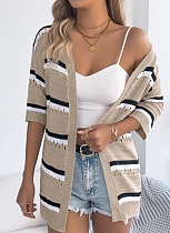 Spring and Summer Casual Striped Hollow Mid Sleeve Knit Cardigan Holiday Cardigan