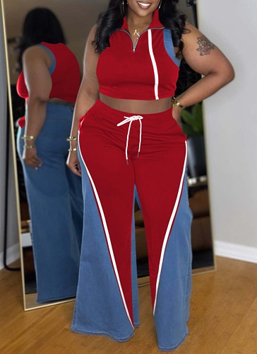 Women'S Denim Patchwork Sleeveless High Collar Vest Wide Leg Pants Two Piece Suit
