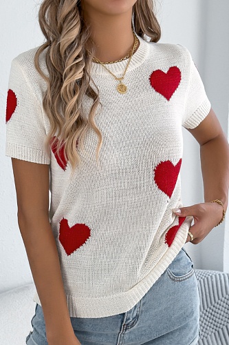 Spring And Summer Casual Contrast Color Heart Short-Sleeved Sweater Valentine'S Day Top