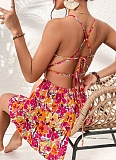 Spring And Summer Holiday Style New Floral Square Neck Halter Back Dress For Women