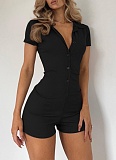 Solid Color Lapel Buttoned Ribbed Tight Csual Jumpsuit