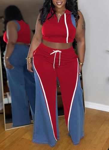 Women'S Denim Patchwork Sleeveless High Collar Vest Wide Leg Pants Two Piece Suit