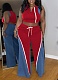 Women'S Denim Patchwork Sleeveless High Collar Vest Wide Leg Pants Two Piece Suit