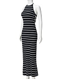 Black New Backless Lace-Up High Elastic Striped Halter Neck Dress