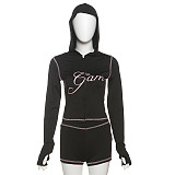 Casual Leopard Print Slim Fit Hooded Zip-Up Top High Waist Shorts Set