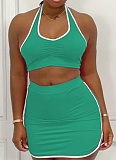 Solid Color Sleeveless Halter Neck Pleated Vest Sports Skirt Two-Piece Set